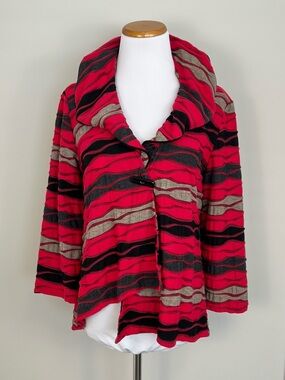 Joseph Ribkoff Red, Black, and Taupe Striped Shawl-Collar Cardigan